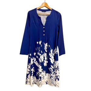 Noracora Women’s Blue White Floral V-neck  Midi Dress Size S Pockets